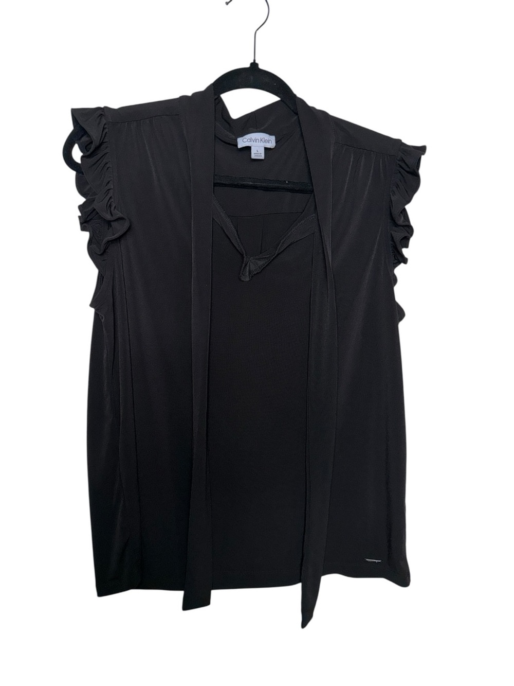 Calvin Klein Black Ruffle Sleeve Tie-Neck Blouse